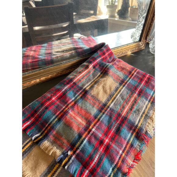 Vintage Plaid Scarf Wrap Red Aqua Tan Large - Picture 4 of 4